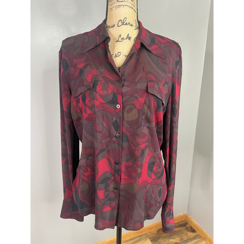 Elie Tahari Burgundy Red Abstract Swirl Print Button Down Blouse silk blend